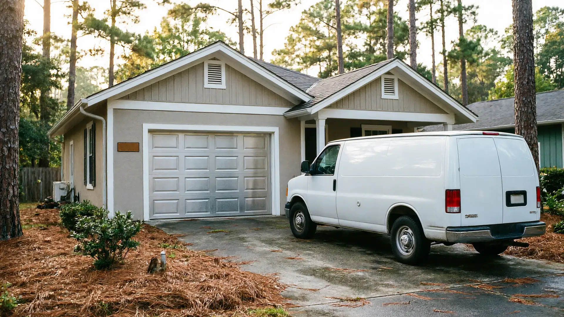 A white service van is parked in front of a house with a closed garage door.