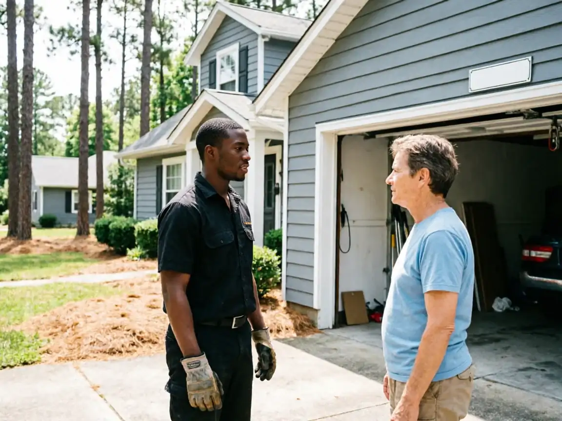 A technician in a black shirt talks to a man in a blue shirt.