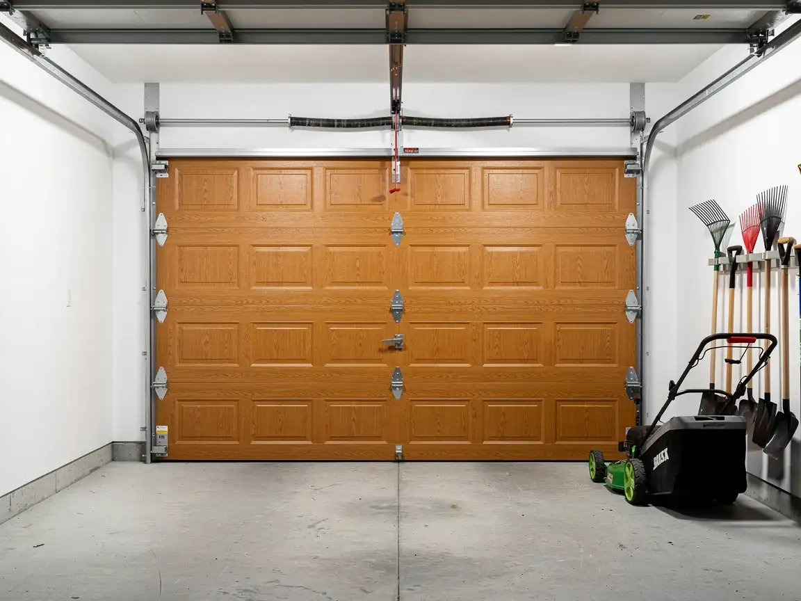 A closed brown garage door with a lawnmower and garden tools nearby.